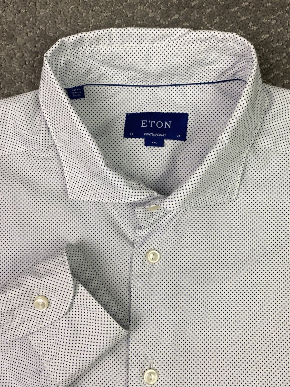 Eton Contemporary Poplin Dress Shirt Mens 46 18 XXL White Blue Pin Micro Dot